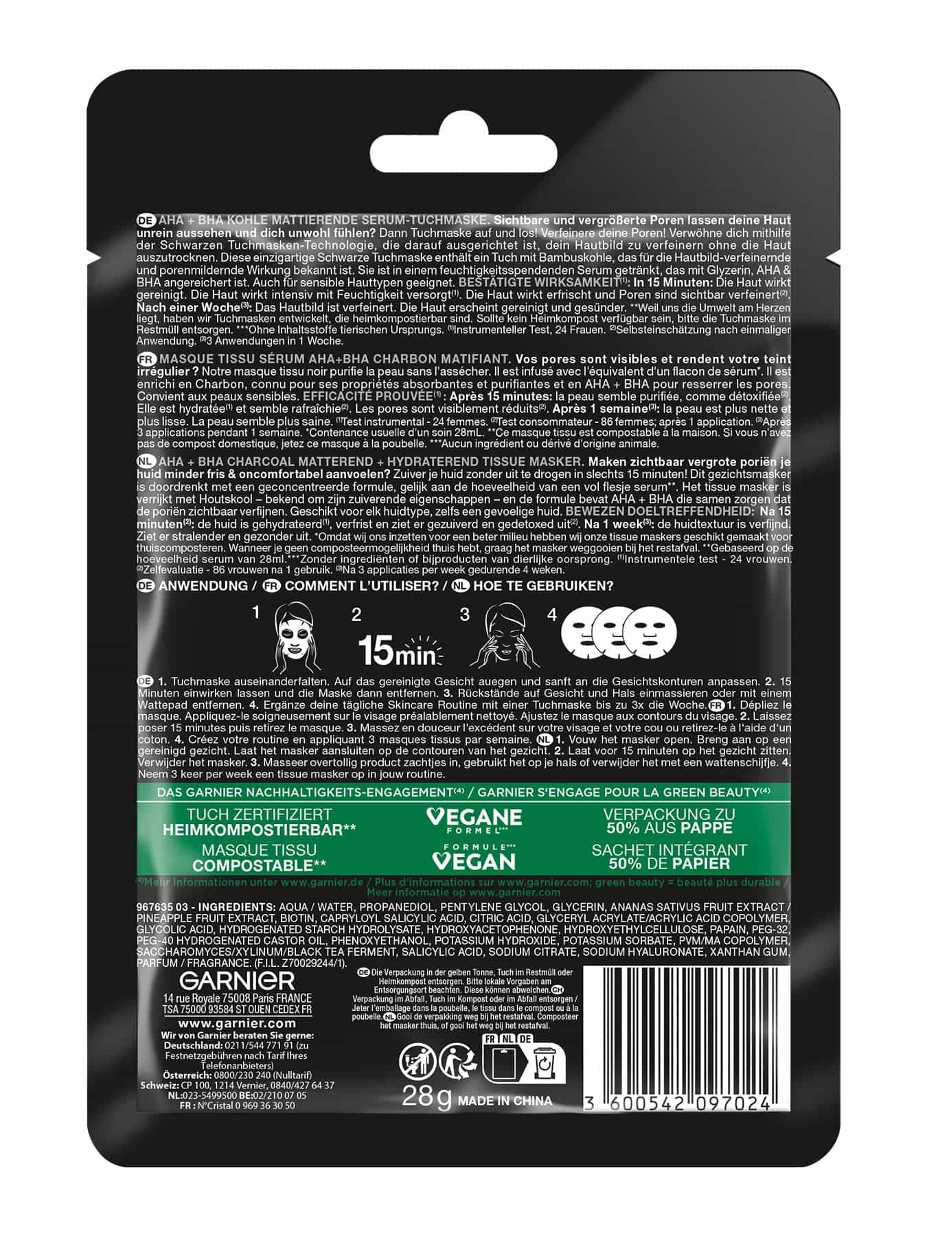 SkinActive AHA + BHA Kohle Mattierende Serum-Maske.- Produkt Rückansicht